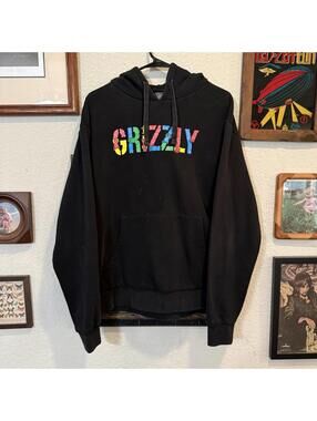 Vintage 00s RARE Grizzly Grip Skateboarding Hoodie Black Colorful Logo Sz Large